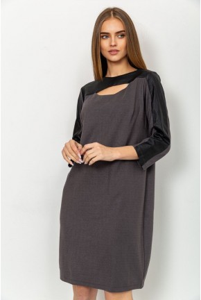 Короткое платье с рукавом 3/4, и вставками из кожзама, цвет Темно-серый, 102R082