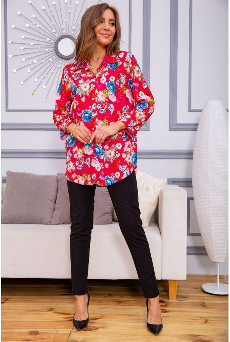 Купить Женская рубашка из вискозы с цветочным принтом Малиновая 172R26-1 - Фото №2