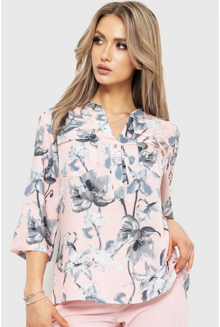Купити Блуза з квітковим принтом, колір пудрово-сірий, 230R96-3 - Фото №1