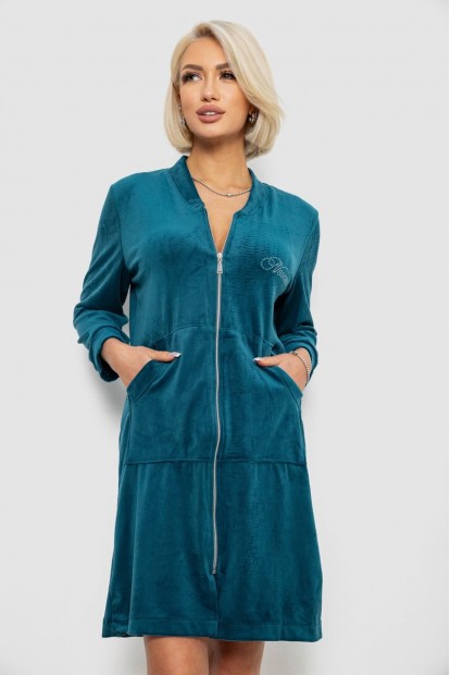 Халат женский велюровый на молнии, цвет изумрудный, 257R1022