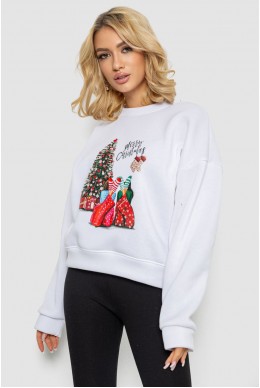 Батник женский на флисе с новогодним принтом  -уценка, цвет белый, 241R4002-U-1