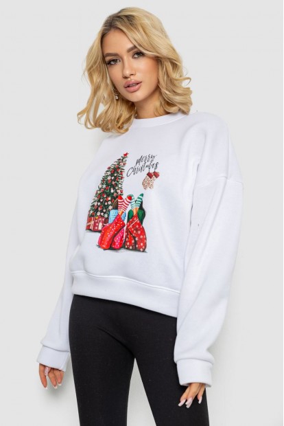 Батник женский на флисе с новогодним принтом  -уценка, цвет белый, 241R4002-U-1