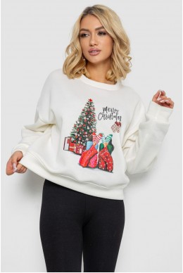 Батник женский на флисе с новогодним принтом  -уценка, цвет молочный, 241R4002-U