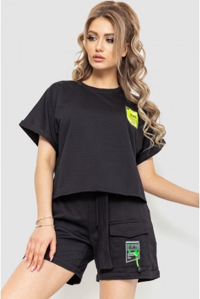 Костюм жіночий повсякденний футболка+шорти, колір чорний, 198R130