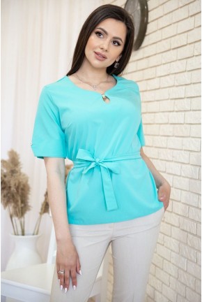 Блузка с короткими рукавами и поясом, цвет Бирюзовый, 172R28-1