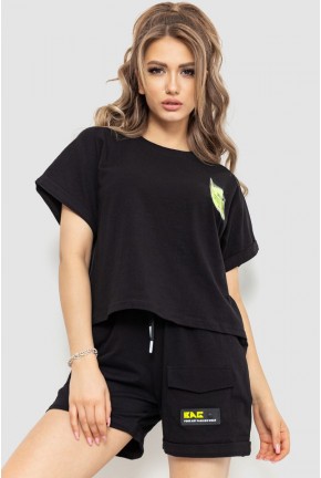 Костюм жіночий повсякденний футболка+шорти, колір чорний, 198R2012