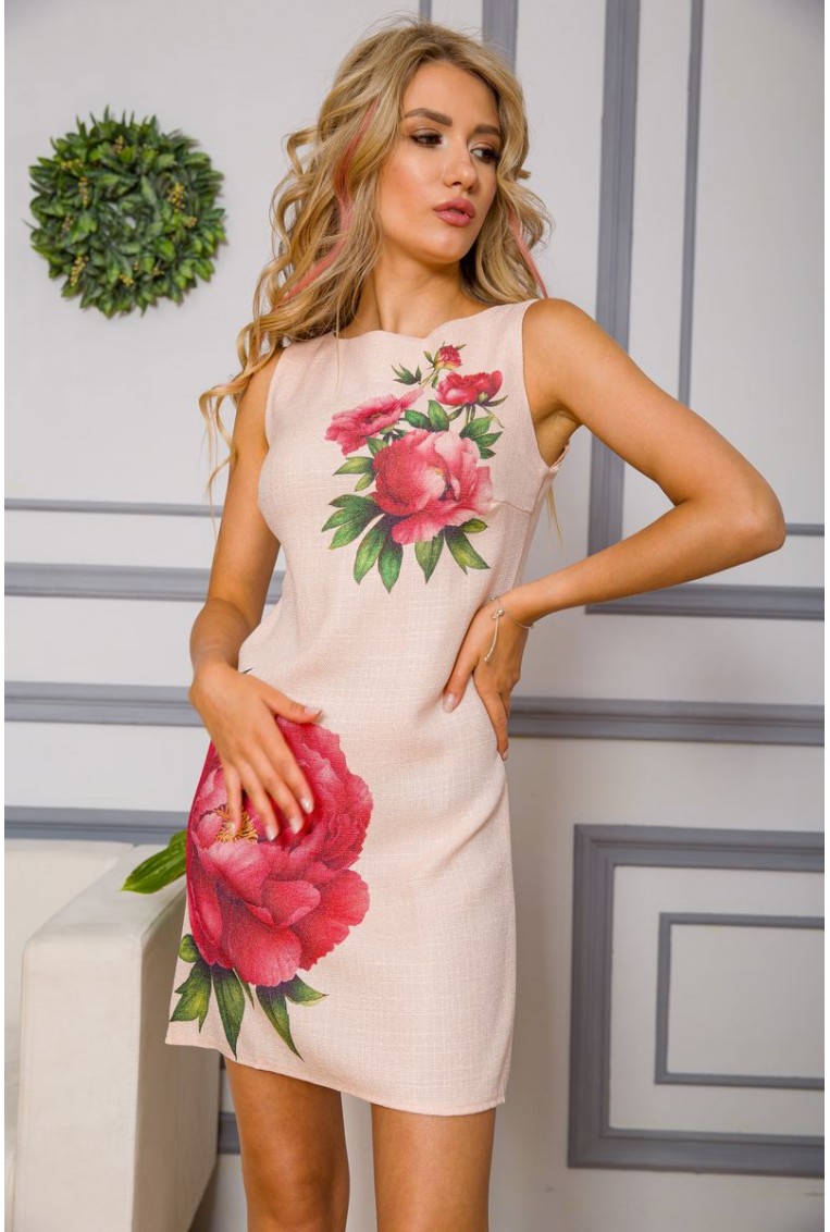 Купити Коротка лляна сукня, з квітами Півонії, колір Світло-персиковий, 172R018-1 - Фото №2