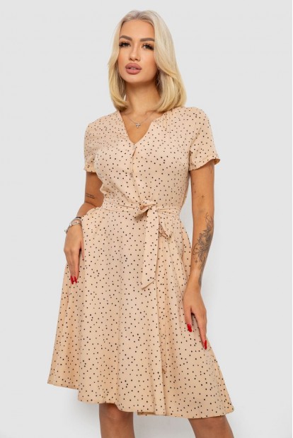 Платье софт с принтом в горох, цвет бежевый, 230R0032-3