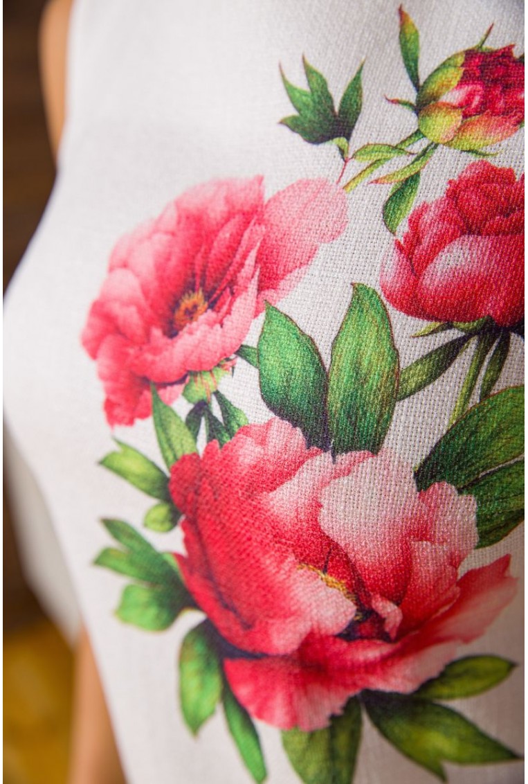 Купить Короткое льняное платье, с цветами Пионы, цвет Молочный, 172R018-1 - Фото №5