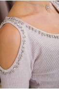 Женский свитер с открытыми плечами, светло-бежевого цвета, 131R9068 - фото № 7