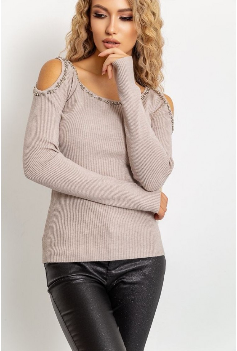 Купить Женский свитер с открытыми плечами, светло-бежевого цвета, 131R9068 - Фото №9