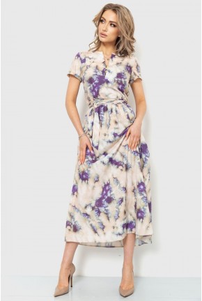 Платье с цветочным принтом, цвет бежево-фиолетовый, 230R006-1