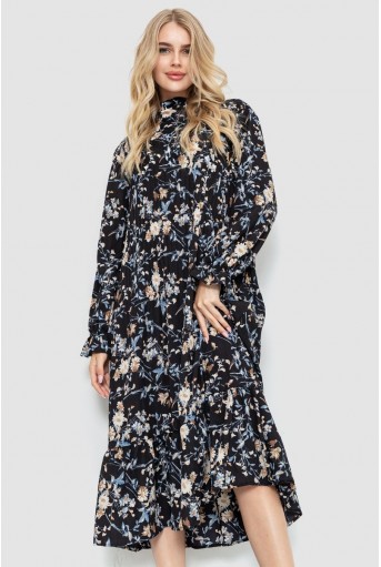 Купить Платье свободного кроя с цветочным принтом, цвет черно-бежевый, 204R201 - Фото №1