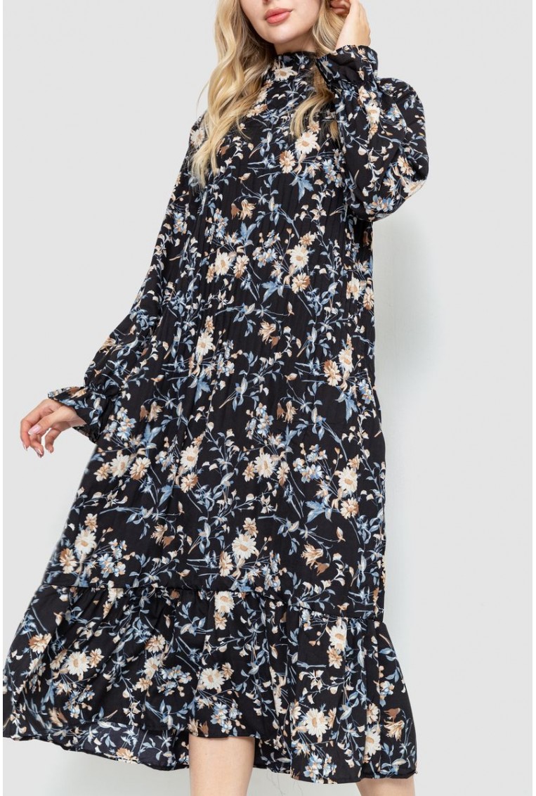 Купить Платье свободного кроя с цветочным принтом, цвет черно-бежевый, 204R201 - Фото №3