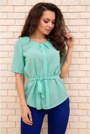 Летняя блузка шифоновая, с короткими рукавами и пояском, цвет Ментоловый, 172R22