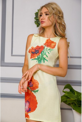 Купить Короткое платье из льна, с цветами Маки, цвет Лимонный, 172R019-1 - Фото №3