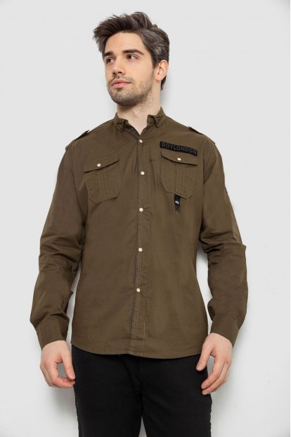 Сорочка чоловіча однотонна з принтом, колір хакі, 186R02