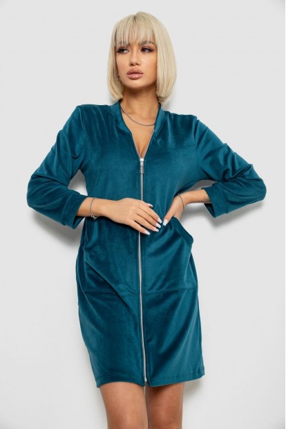 Халат женский велюровый на молнии, цвет изумрудный, 257R1023