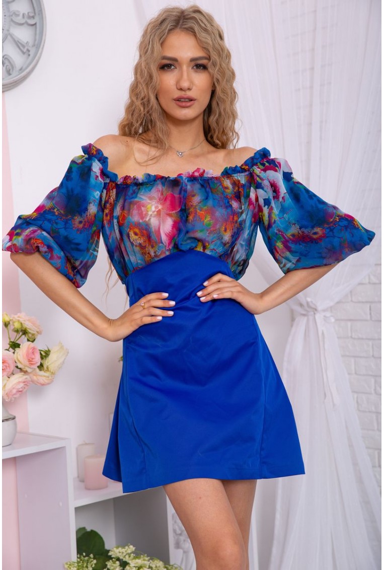 Купити Міні-сукня з квітковим принтом, кольору електрик, 167R306-10 - Фото №3