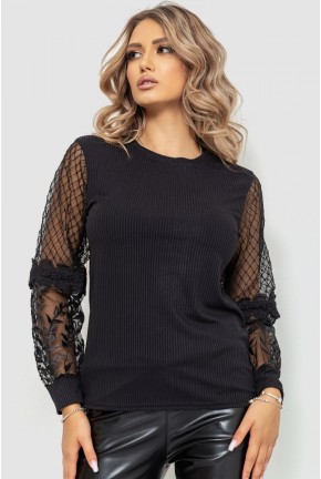 Блуза жіноча в рубчик ошатна, колір чорний, 204R02
