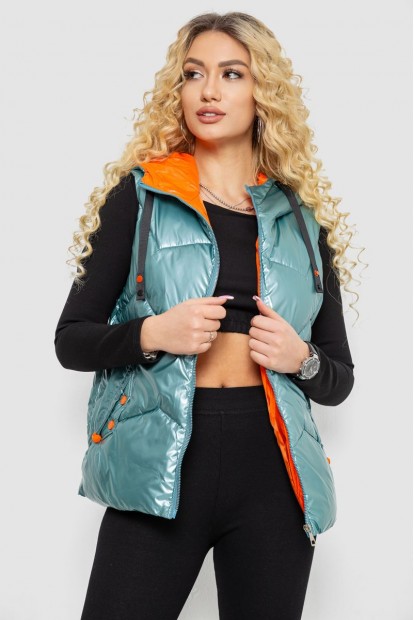 Жилетка жіноча дута з капюшоном, колір бірюзовий, 243R2106