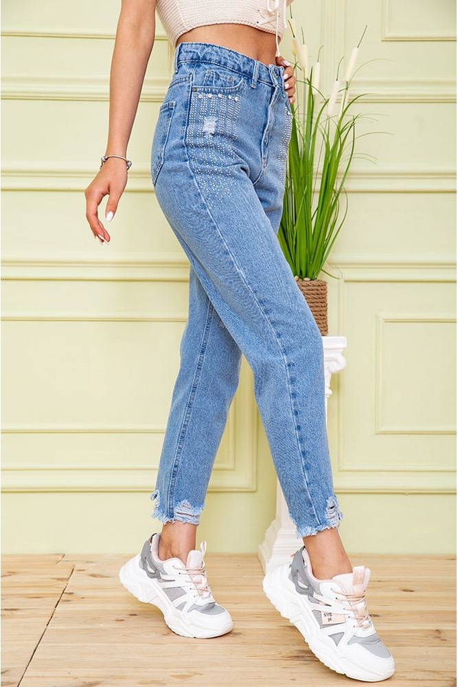 Купити Жіночі джинси на високій посадці блакитного кольору рвані 164R948 - Фото №3