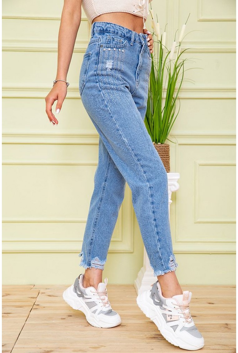 Купити Жіночі джинси на високій посадці блакитного кольору рвані 164R948 - Фото №3