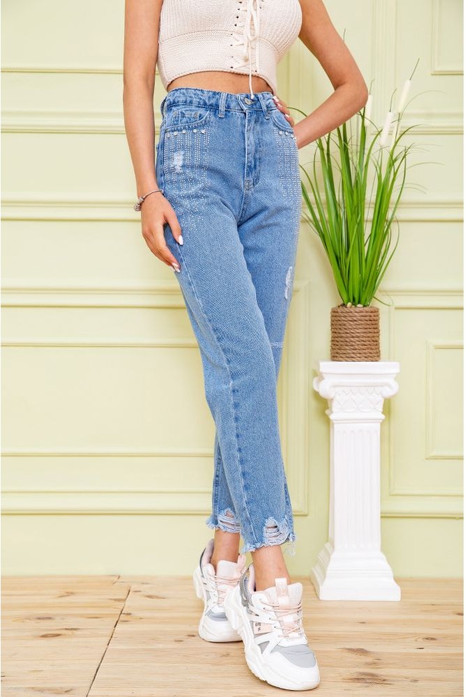 Купити Жіночі джинси на високій посадці блакитного кольору рвані 164R948 - Фото №1
