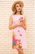 Короткое льняное платье с цветами и бабочками цвет Пудровый 172R017-1 - фото № 3