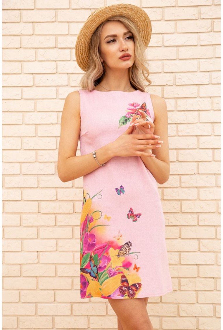 Купить Короткое льняное платье с цветами и бабочками цвет Пудровый 172R017-1 - Фото №4