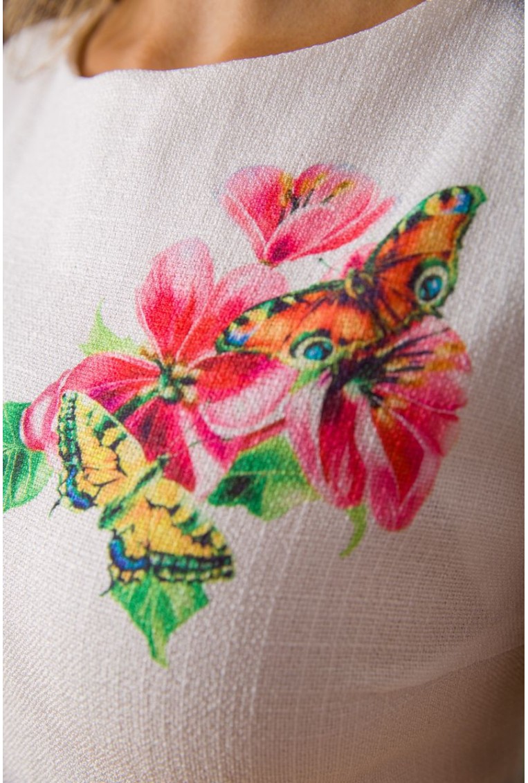Купить Короткое льняное платье с цветами и бабочками цвет Молочный 172R017-1 - Фото №5