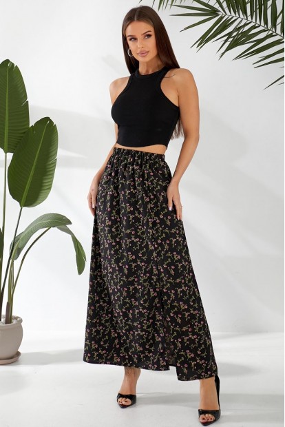 Спідниця софт із квітковим принтом, колір чорний, 257R11