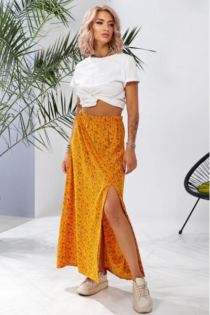 Спідниця софт із квітковим принтом, колір гірчичний, 257R11