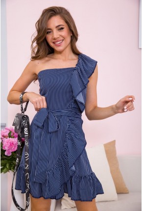 Полосатое платье с поясом, сине-белого цвета, 153R016