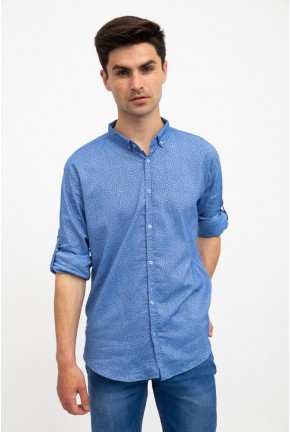 Стильная мужская рубашка, голубая с принтом, 511F016