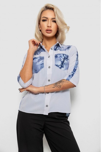 Блуза в горошек с принтом, цвет бело-синий, 230R7215-1