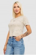 Футболка женская в рубчик с принтом, цвет бежевый, 221R1809 - фото № 2