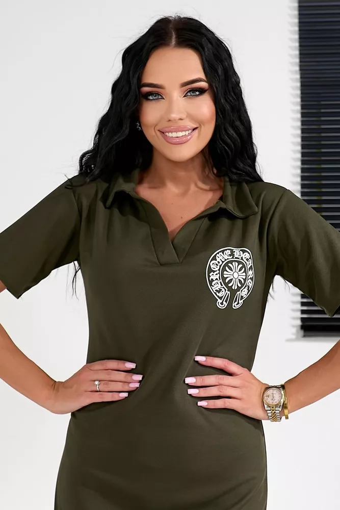 Купить Платье-поло однотонное с принтом, цвет хаки, 257R49 - Фото №6