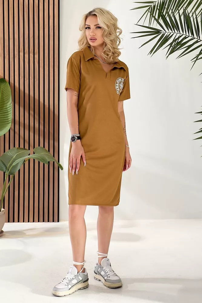 Купить Платье-поло однотонное с принтом, цвет коричневый, 257R49 - Фото №3
