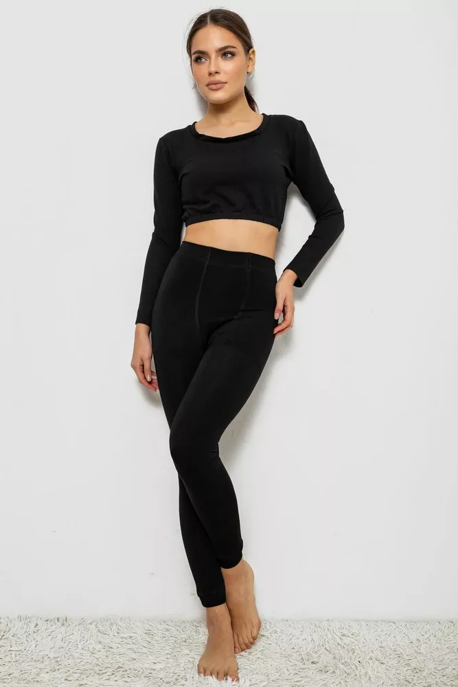 Купить Лосины однотонные на флисе, цвет черный, 244R1710 - Фото №3