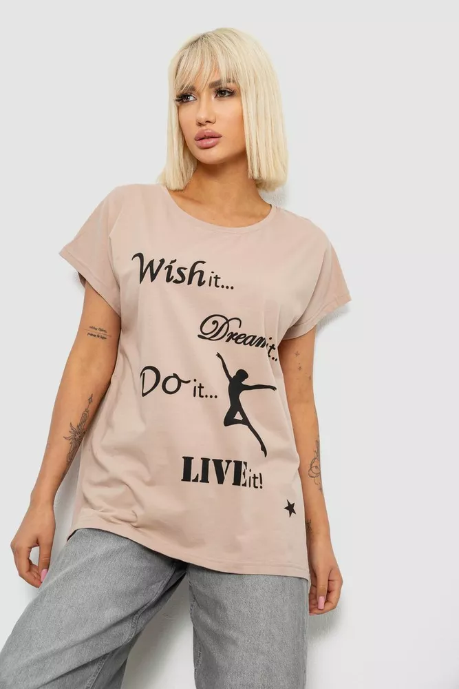 Купити Футболка жіноча з принтом, колір бежевий, 244R3004 - Фото №1