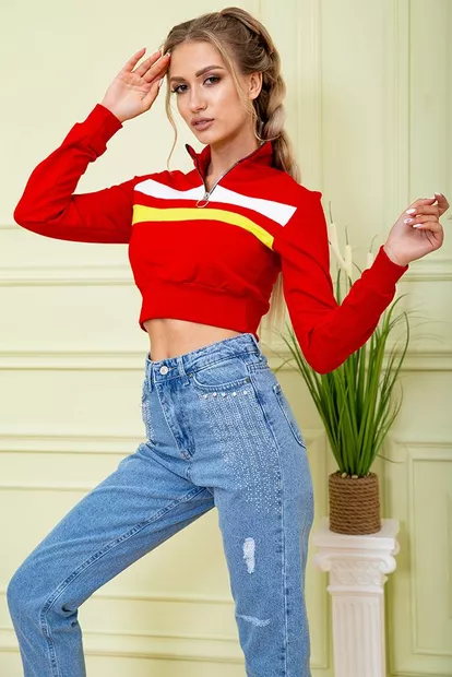 Укороченный женский свитшот, олимпийка на молнии, цвет Красно-салатовый, 119R494