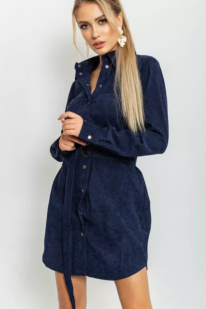 Вельветова сукня-сорочка з поясом темно-синього кольору 102R5135