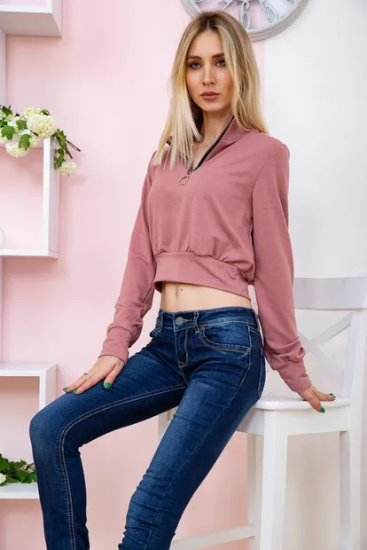 Укороченный женский свитшот на змейке, пудрового цвета, 119R376