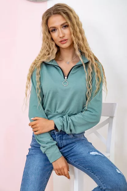 Укороченный женский свитшот на змейке, оливкового цвета, 119R376