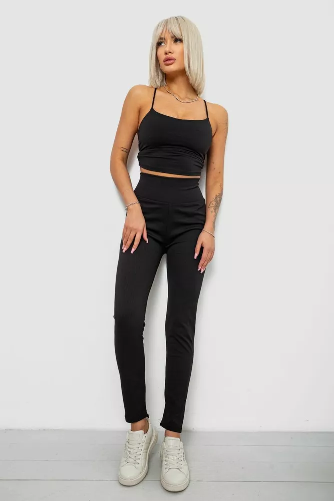 Купити Лосини жіночі однотонні в рубчик на флісі 0, колір чорний, 214R0009-1 - Фото №2