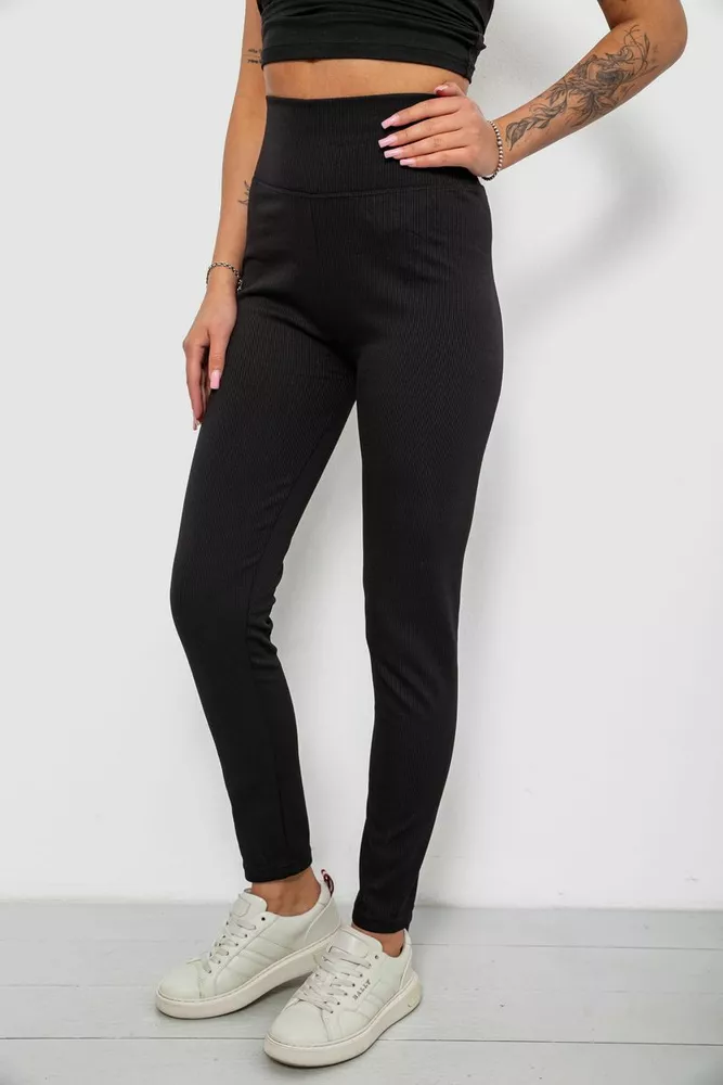 Купити Лосини жіночі однотонні в рубчик на флісі 0, колір чорний, 214R0009-1 - Фото №3