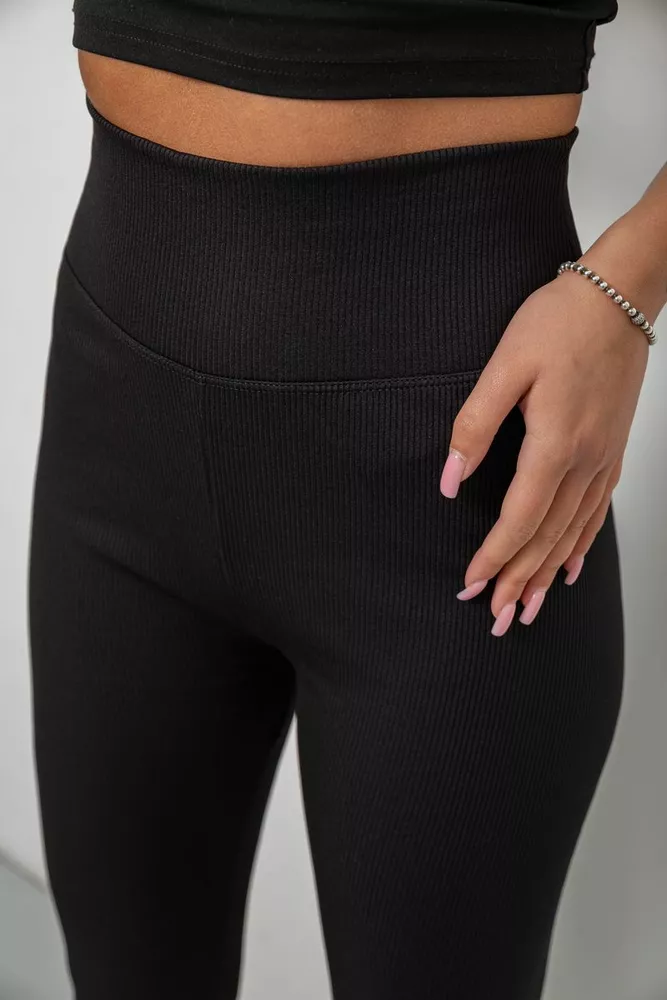 Купити Лосини жіночі однотонні в рубчик на флісі 0, колір чорний, 214R0009-1 - Фото №5