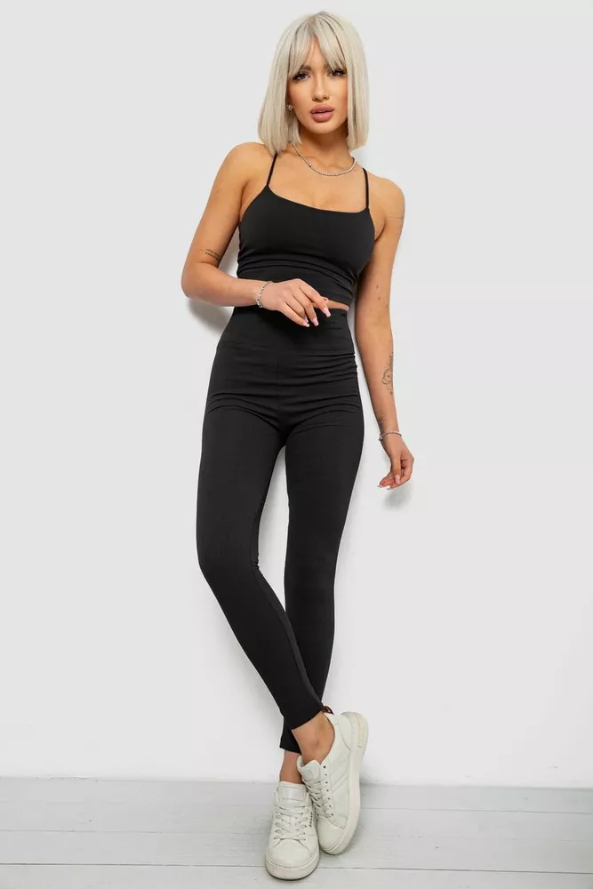 Купити Лосини жіночі однотонні в рубчик, колір чорний, 214R0009 оптом - Фото №2