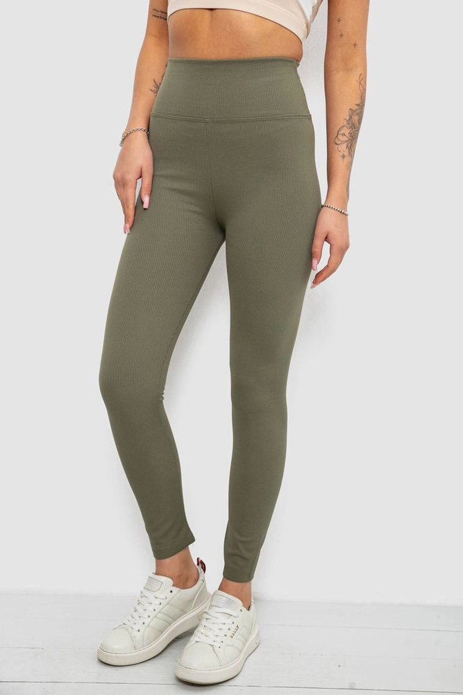 Купити Лосини жіночі однотонні в рубчик, колір хакі, 214R0009 - Фото №3